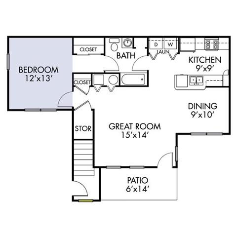 Floor plan for 1 bed, 1 bath, 770 sqft